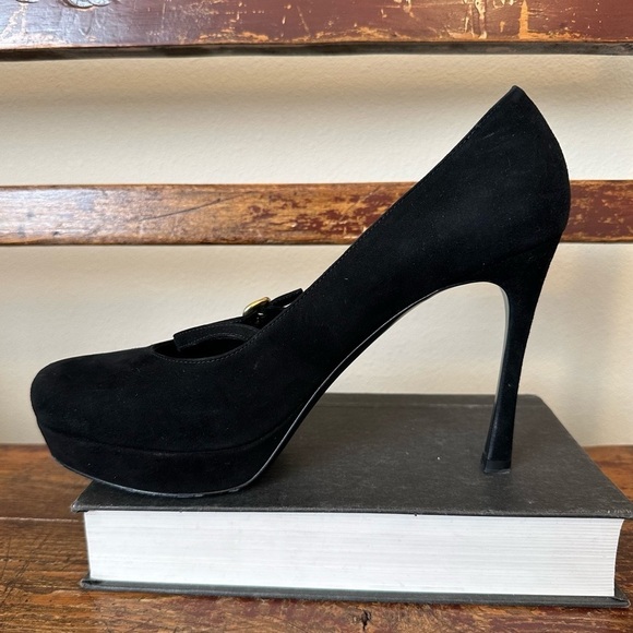 YSL Yves Saint Laurent Black Suede Platform Mary Jane Heels Shoes - Picture 5 of 16